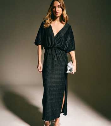 Black Plisse Batwing Midaxi Dress