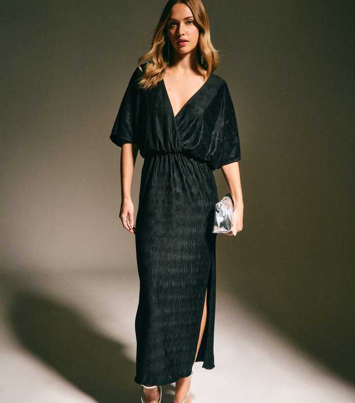 Black Plisse Batwing Midaxi Dress