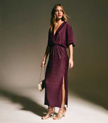 Dark Purple Plisse Batwing Midaxi Dress