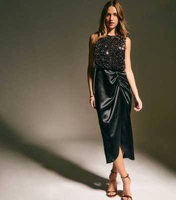 Black and Bronze Sequin 2 in 1 Midi Dress