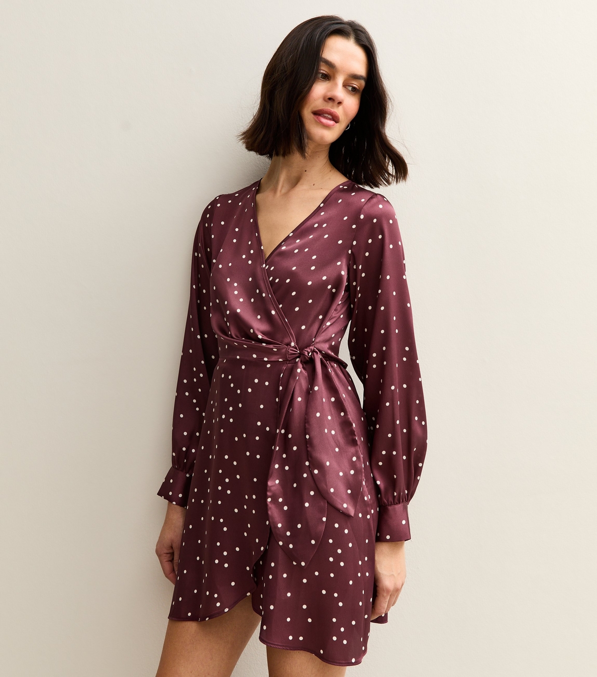 Women's Red Spot Print Satin Wrap Mini Dress New Look