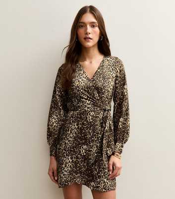 Brown Animal Print Satin Wrap Mini Dress