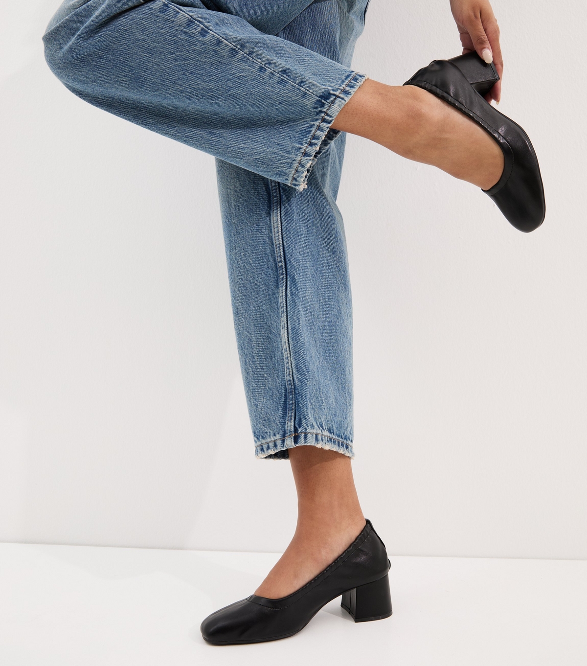 Women's Black Faux Leather Elasticated Block Heel Ballet Pumps Vegan New Look