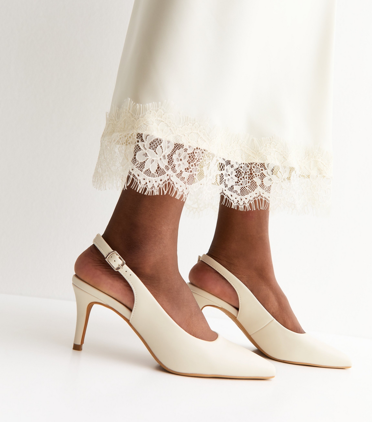 Women's Off White Faux Leather Slingback Stiletto Court Shoes Vegan New Look