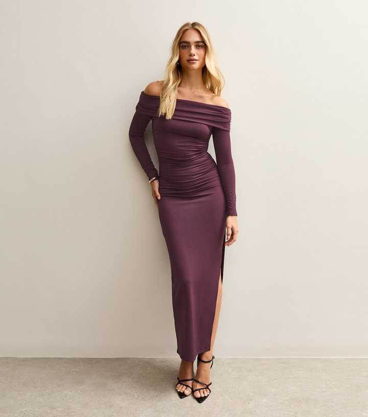 Dark Burgundy Ruched Neck Off The Shoulder Midi Dress | New Look