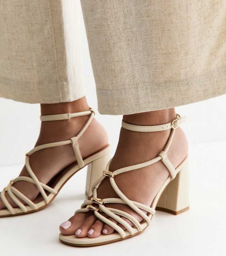 Off White Faux Leather Strappy Hardware Block Heel Sandals