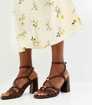 Dark Brown Faux Leather Strappy Hardware Block Heel Sandals