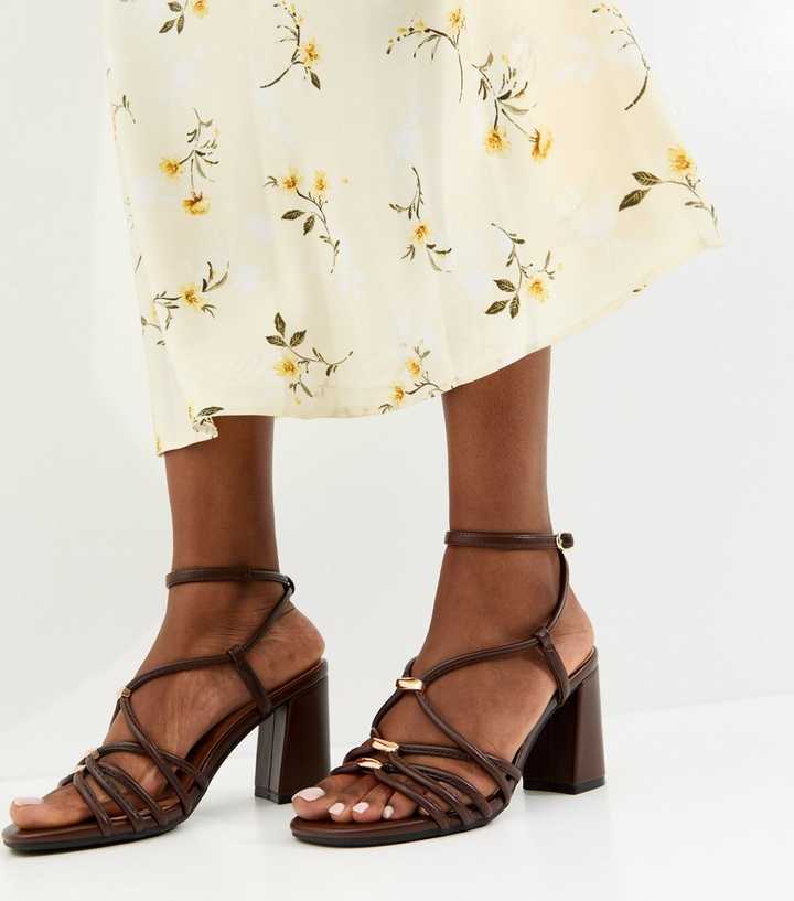 Dark Brown Faux Leather Strappy Hardware Block Heel Sandals