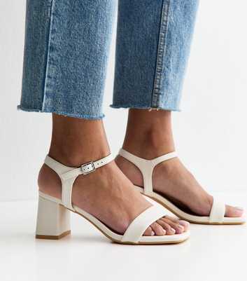 Off White Faux Leather Square Toe Block Heel Sandals