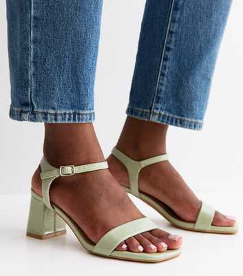 Light Green Faux Leather Square Toe Block Heel Sandals