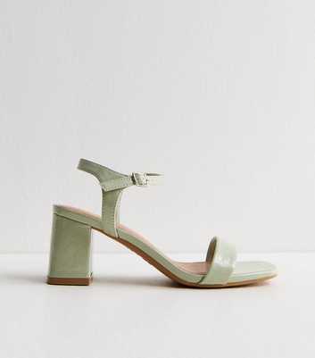 Light Green Faux Leather Square Toe Block Heel Sandals