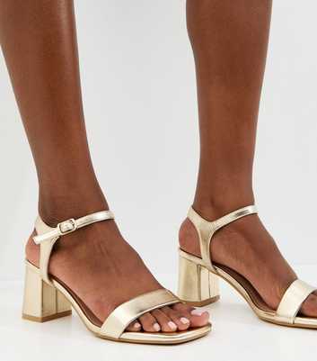 Gold Faux Leather Square Toe Block Heel Sandals