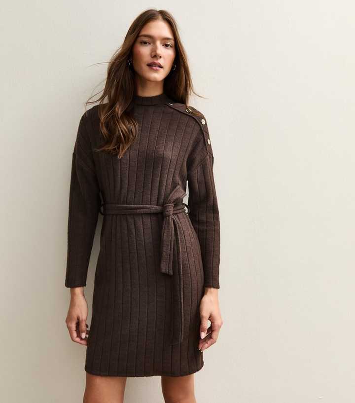 Dark Brown Rib Buttoned Shoulder Mini Dress