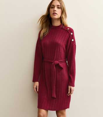 Dark Burgundy Rib Buttoned Shoulder Mini Dress