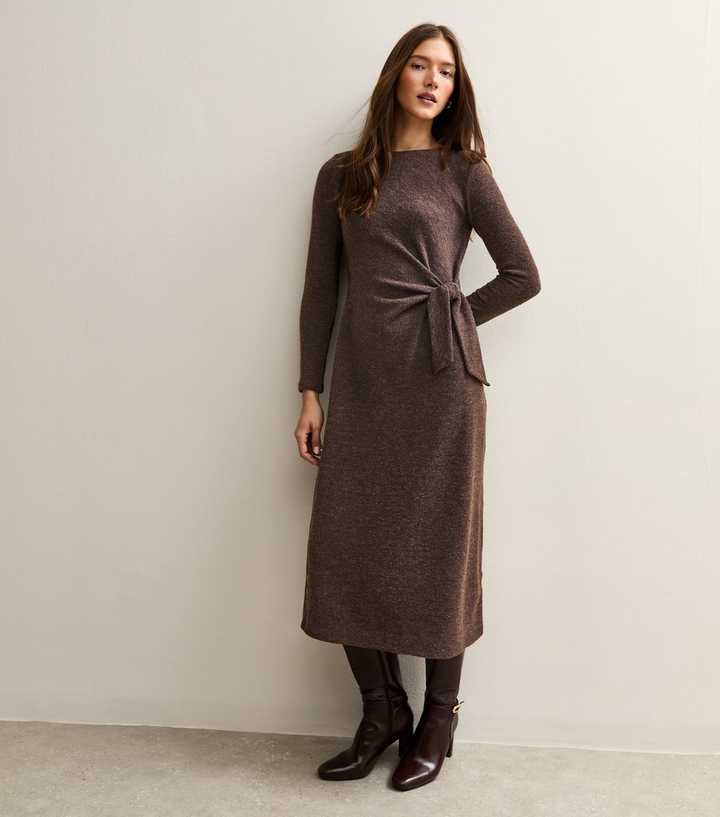 Dark Brown Tie Belt Midi Dress