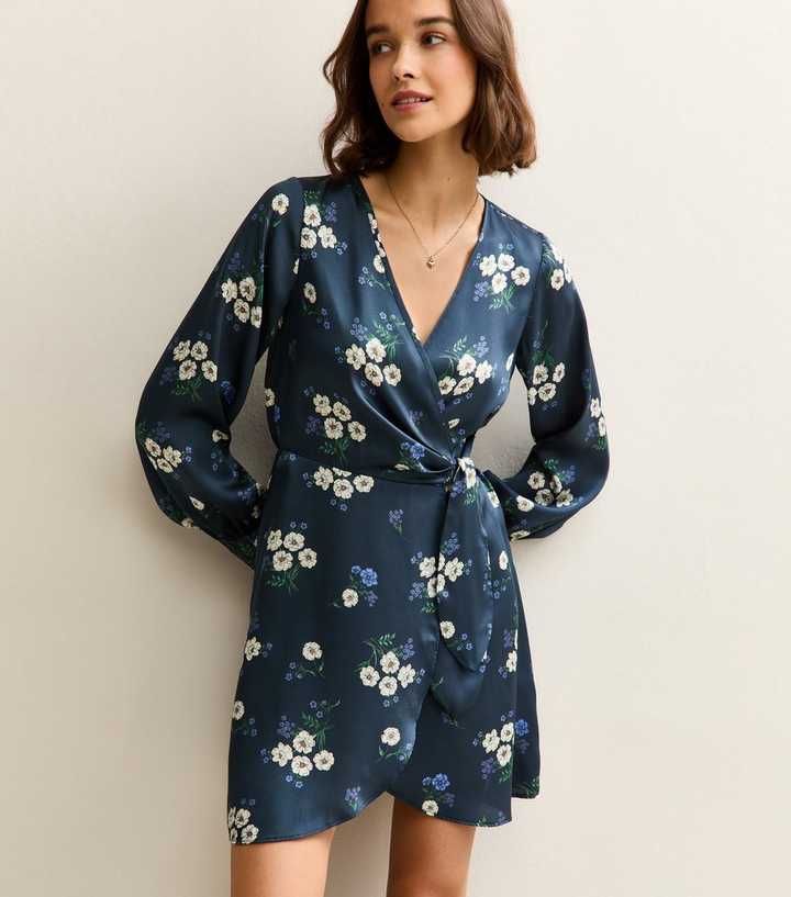 Blue Satin Floral Wrap Mini Dress