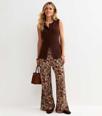 Petite Brown Animal Print Textured Wide Leg Trousers