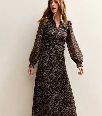 Brown Chiffon Animal Print Ruffled Midi Dress