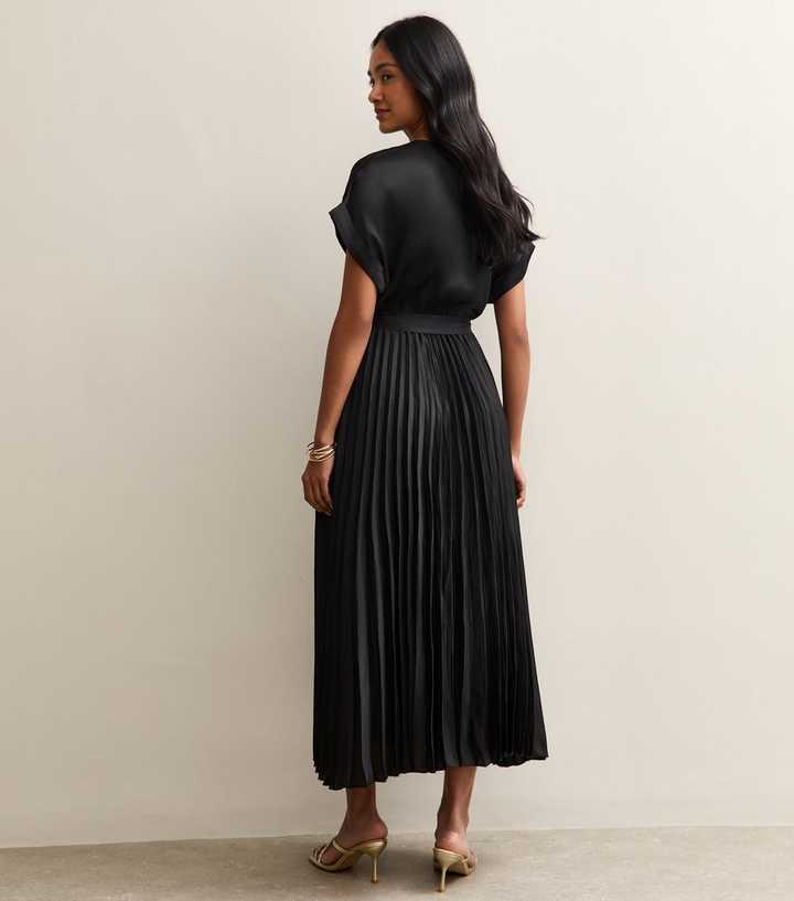 Black Satin Pleated Wrap Midi Dress | New Look