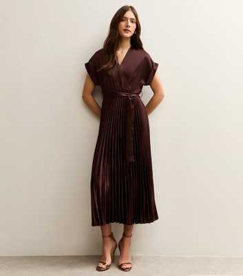 Dark Brown Satin Pleated Wrap Midi Dress