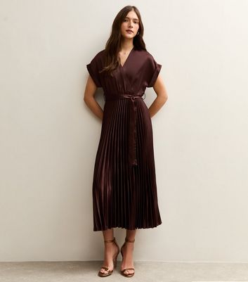 Dark Brown Satin Pleated Wrap Midi Dress | New Look