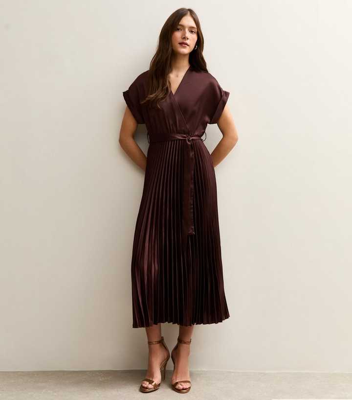 Dark Brown Satin Pleated Wrap Midi Dress