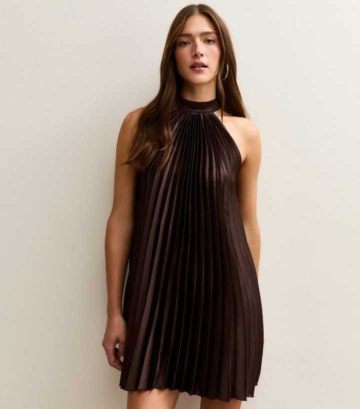 Dark Brown Pleated Halterneck Mini Dress New Look — free download