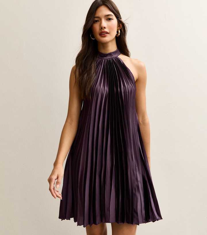 Dark Burgundy Pleated Halterneck Mini Dress