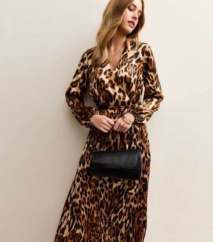 Brown Animal Print Satin Pleated Wrap Midi Dress