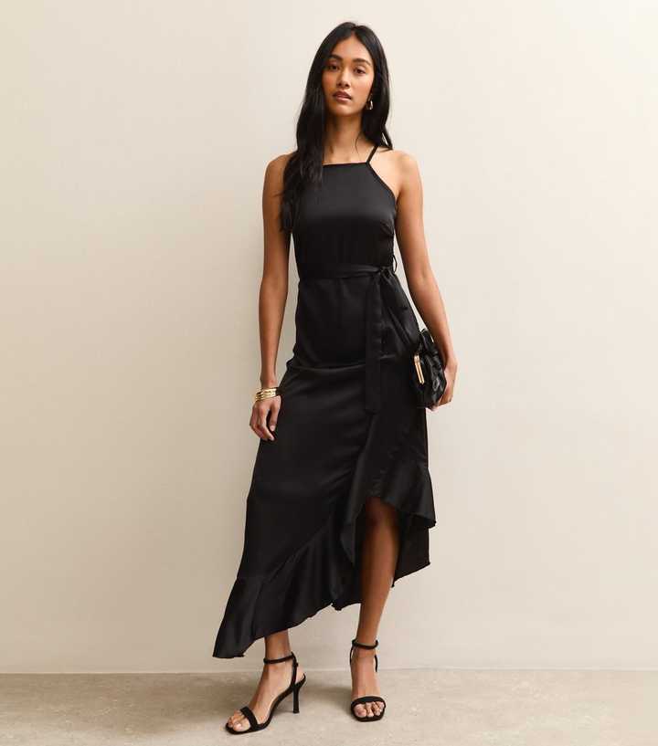 Black Satin Ruffled Wrap Midi Dress