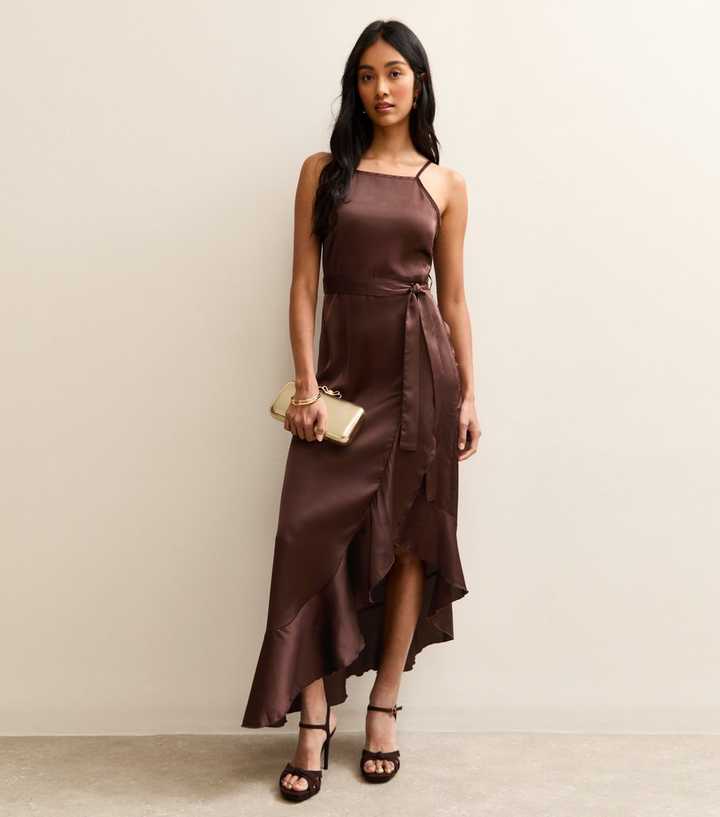 Dark Brown Satin Ruffled Wrap Midi Dress