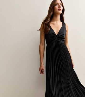 Black Satin Pleated Midi Dress