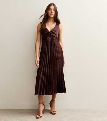 Dark Brown Satin Pleated Midi Dress