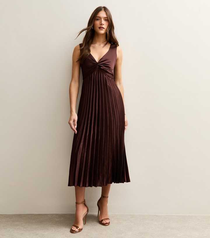Dark Brown Satin Pleated Midi Dress