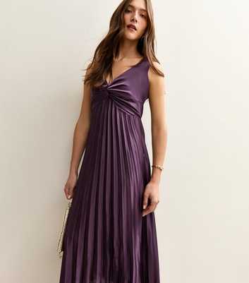 Dark Burgundy Satin Pleated Midi Dress