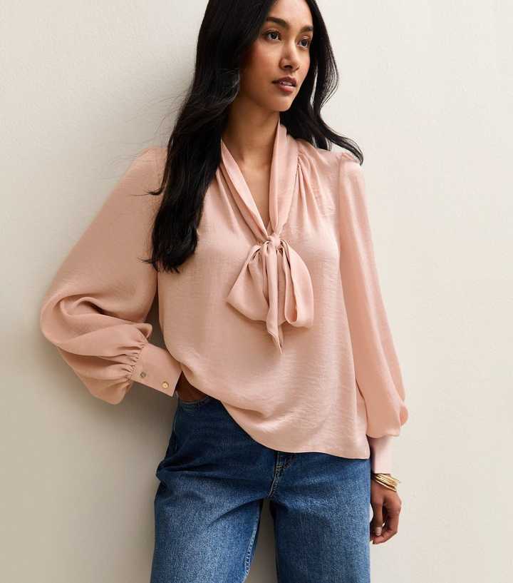 Mid Pink Long Sleeve Pussybow Blouse