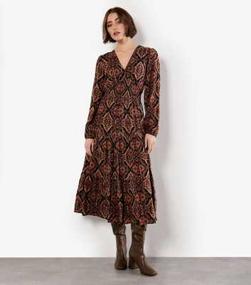 Apricot Black Empire Line Smocked Printed Dress
