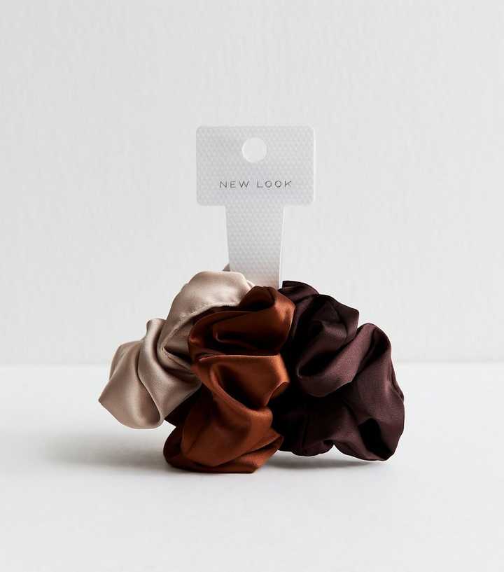 Pack Of 3 Brown Satin Scrunchies