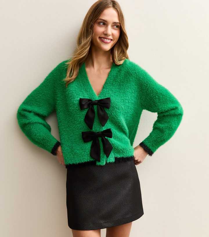 Sunshine Soul Mid Green Fluffy Satin Bow Cardigan