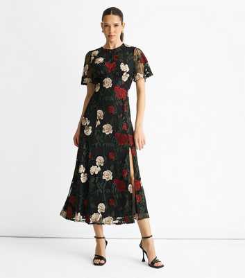 Gini London Black Angel Sleeves Embroidered Floral Midi Dress