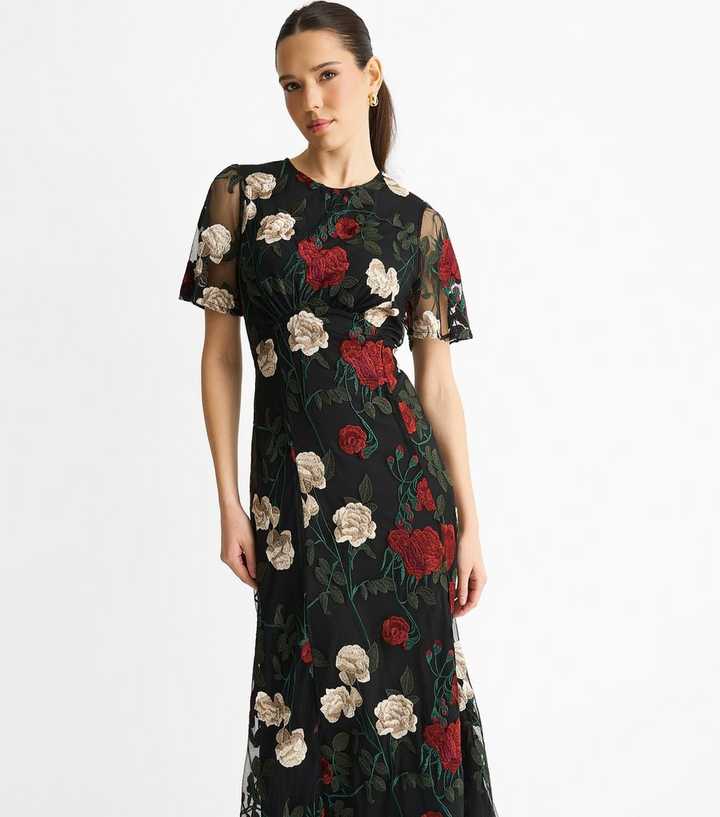 Gini London Black Angel Sleeves Embroidered Floral Midi Dress | New Look