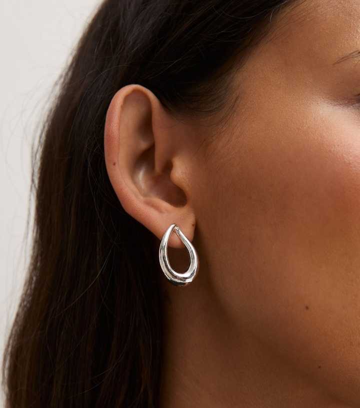 Silver Tone Sleek Oval Drop Earrings
