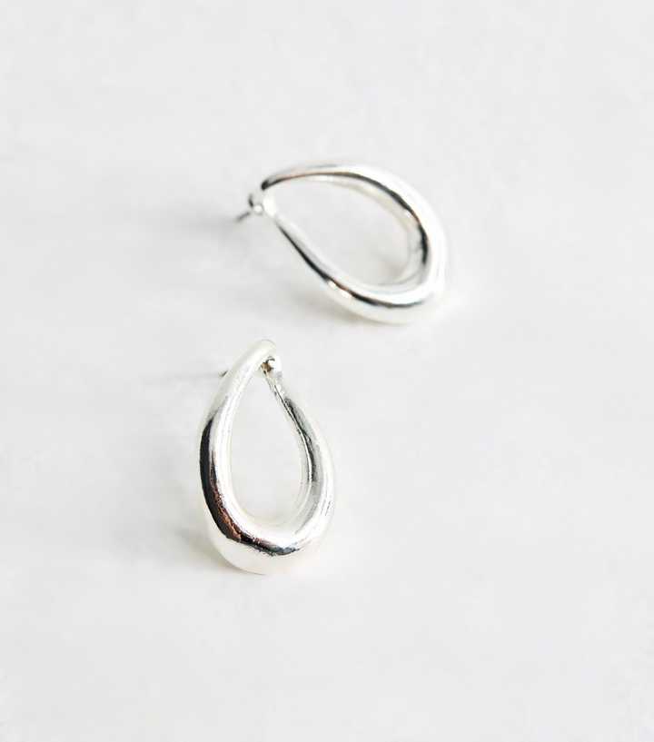 Silver Tone Sleek Oval Drop Earrings