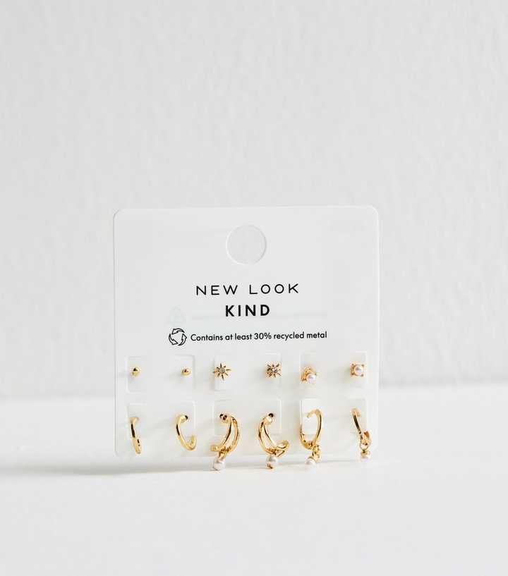 Pack of 6 Gold Tone Mini Diamante Hoop and Stud Earrings
