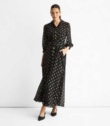 Gini London Black Chiffon Foil Belt Maxi Shirt Dress