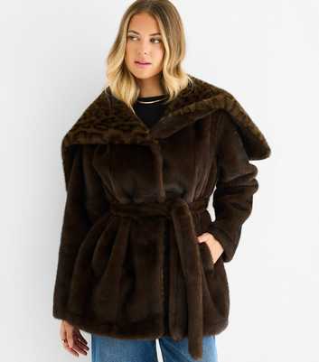 Gini London Brown Faux Fur Leopard Print Trim Coat