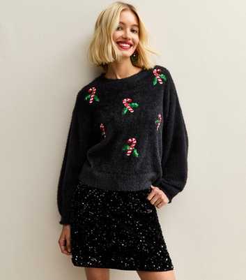 Sunshine Soul Black Candy Cane Embroidered Jumper