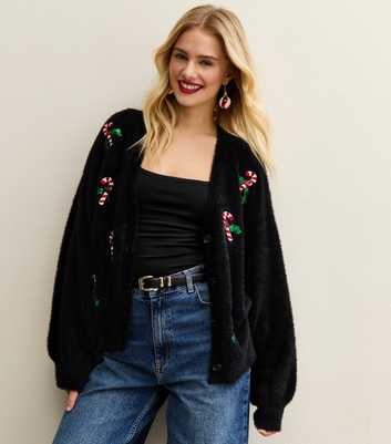 Sunshine Soul Black Candy Cane Embroidered Cardigan