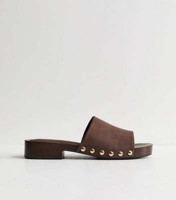Brown Faux Suede Mule Clog Sandals