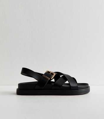Black Faux Leather Multi Strap Chunky Flat Sandals